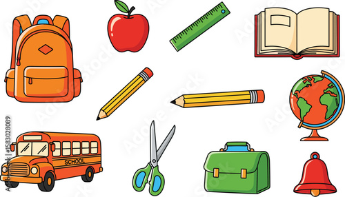 A collection of school supplies is displayed on a blue background. Back to school, education, learning, study, classroom, teaching, supplies, tools, stationery