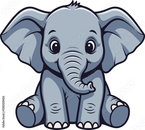 Cute baby elephant is sitting and smiling. Cartoon illustration, animal, mascot, adorable