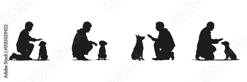 Dog Training Interaction Silhouette Set. Human And Pet Communication Symbol Collection. Animal Behavior And Training Use. Isolated Vector Illustration