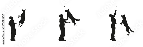 Man And Dog Playing Silhouette Set. Pet Interaction And Outdoor Activity Symbol Collection. Recreational And Training Use. Isolated Vector Illustration