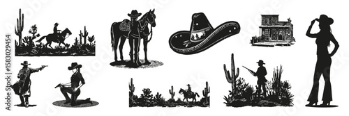 Wild West Silhouette Set. Cowboy, Horse, And Desert Scene Collection. Western Culture And Historical Representation. Isolated Vector Illustration