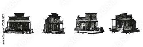Western Building Silhouettes In Icon Set. Historical Architecture And Old West Theme Collection. Design And Educational Use. Isolated Vector Illustration