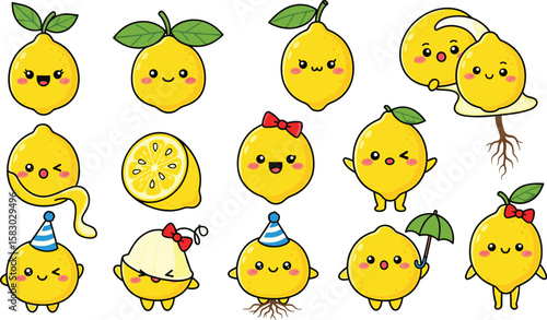 Group of cartoon lemons with various expressions and accessories. Cute fruit characters, kawaii, food illustration, sweet, cheerful, healthy