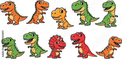 Collection of cartoon dinosaurs on a blue background. Prehistoric creatures, wildlife, cute, illustration, extinct animals, drawing