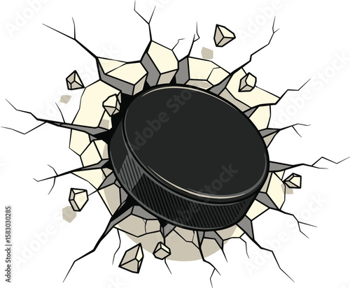 Hockey puck breaks through a wall. Ice hockey, sport impact, power, breaking, crack, collision, strength, competition.
