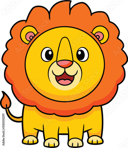 Cartoon lion stands smiling happily. Cute animal, mammal, cheerful character, wildlife mascot.