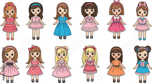Cartoon dolls stand in a row. Cute girls in dresses, fashion dolls, kids play.
