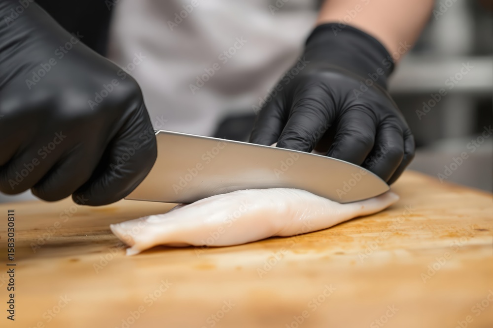 Fototapeta premium Chef wearing black gloves meticulously slicing a raw fish fillet on a wooden cutting board, emphasizing food preparation and hygiene.