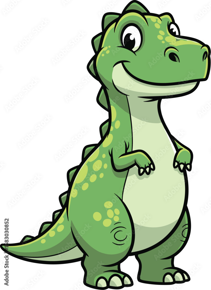 Naklejka premium Cartoon dinosaur stands smiling gently. Cute reptile, friendly character, fantasy illustration, bright colors