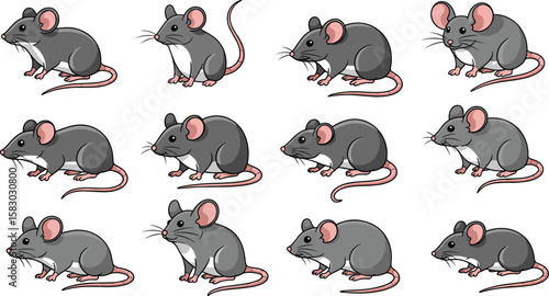 Cartoon mice displayed in a grid pattern. Cute rodents, animal pattern, cartoon illustration, pest control.