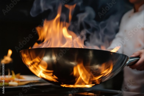 Professional chef cooking with a flaming wok on a stove, demonstrating high heat culinary techniques in a restaurant kitchen.