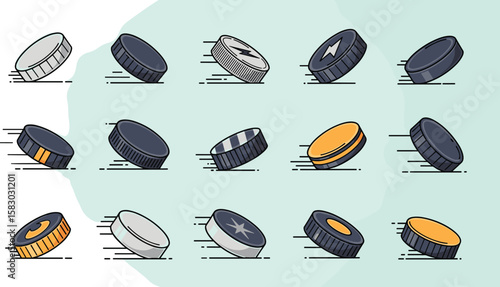 Flying hockey pucks in motion with speed lines. Sports equipment, competition, ice hockey, game