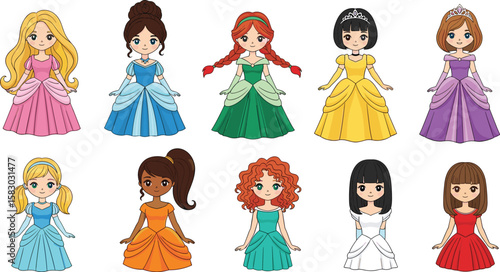 Cartoon princesses wear colorful gowns and jewels. Fairytale fantasy, character design, costumes, formal wear, beauty