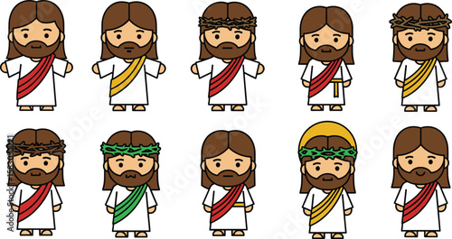 Cartoon Jesus figures stand with various vestments. Religious characters, Christian figures, biblical illustrations, faith.