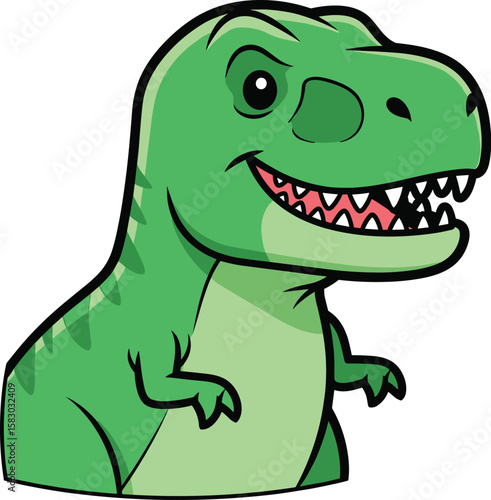 Cartoon dinosaur smiles with sharp teeth, ready to hunt. Tyrannosaurus rex, prehistoric, funny, comical