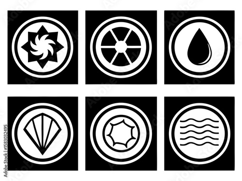 Collection of six circular geometric and elemental icons on black background