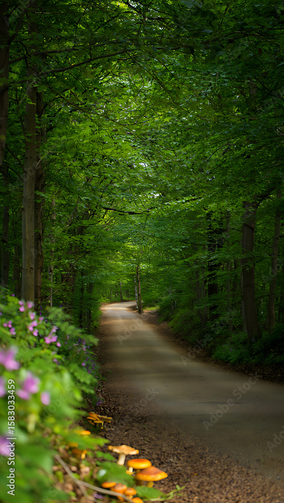 Fototapeta premium A path winds through a lush green forest in the summertime