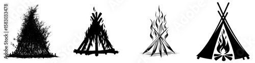 This image depicts a modern clipart illustration design of a bonfire silhouette, also referred to as a fire or flames