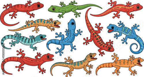 Colorful geckos are arranged on a white background. Reptiles, lizard, tropical, wildlife, pattern