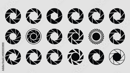 Camera Aperture Icon Set Collection of Various Lens Diaphragm Designs, Black and White