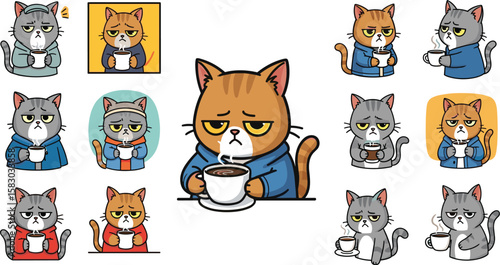 Grumpy cats hold coffee cups and look unhappy. Cartoon animals, emotional states, morning routine.