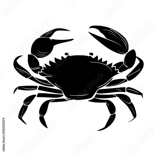 A simple modern shape of a crab with claws extended while crawling, set on a white background, is well-suited for designs involving seafood or marine life