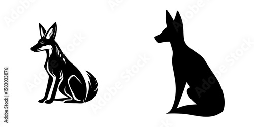 A minimalist modern outline of a seated jackal featuring pointed ears set against a white backdrop is perfect for artwork related to deserts or mythic predators