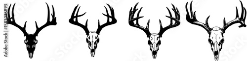 This image shows a buck skull in black silhouette, complete with large antlers, representing the great outdoors, hunting culture, and a rugged way of life, all through a modern clipart design