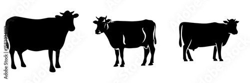 Modern illustration of a domestic cow in black silhouette isolated on a white background
