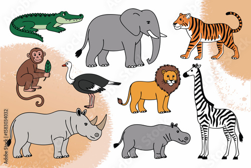 Cartoon Illustration Crocodile, Elephant, Tiger, Monkey, Ostrich, Lion, Rhinos, Hippo and Zebra on White