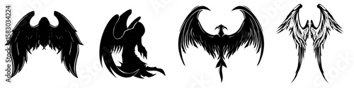 A contemporary depiction of a dark angel from the gothic genre, featuring wings, set against a plain white backdrop