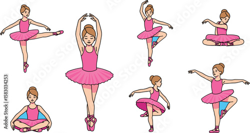 Ballerinas in pink tutus perform graceful poses. Classical ballet, dance performance, artistic expression, elegant movement, stage art