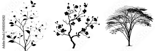 This image depicts a dogwood tree in black silhouette, complete with intricate branches and foliage that highlight its unique floral features, all presented in a modern clipart style