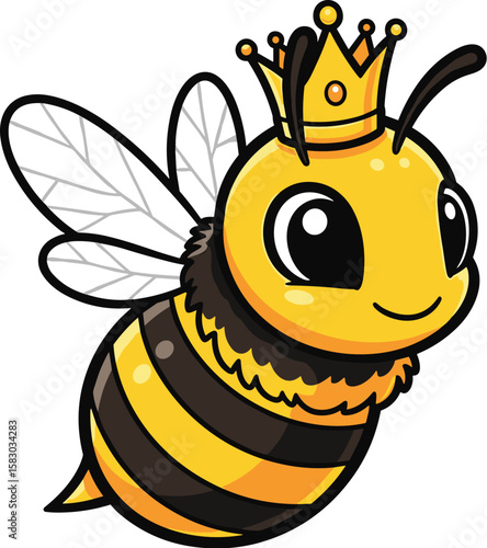 Cute queen bee flies with a golden crown. Insect cartoon illustration, character design, royal, queen, comic.