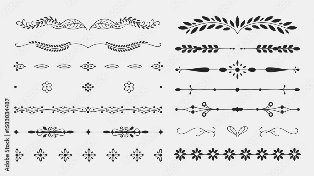 Obraz premium Collection of Black Decorative Dividers and Borders with Floral and Botanical Elements on White