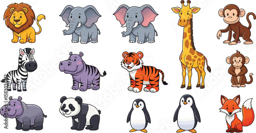 Collection of cartoon animals poses for a photo. Cute wildlife, zoo animals, childish illustration, nature