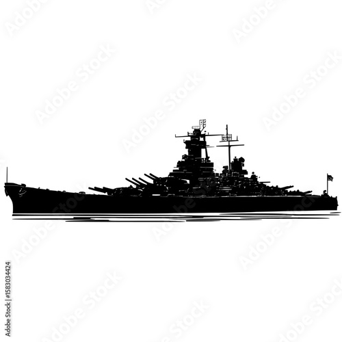 The silhouette of a cruiser warship is shown in this image, illustrated in black on a white background with a modern design