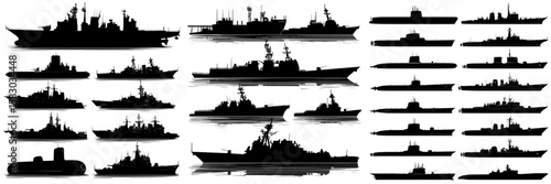 This image depicts various naval ship silhouettes, including submarines and warships, in black against a white background, as a modern clipart illustration design