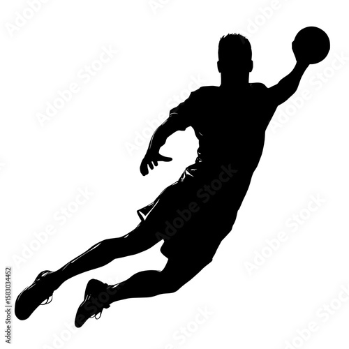 The image features a handball player in silhouette, frozen in mid-air as they prepare to throw a ball, symbolizing the fast-paced action and energetic atmosphere of sports, through the use of modern