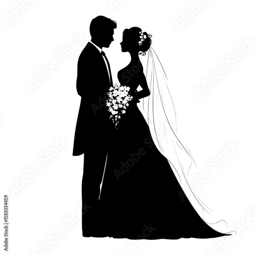 In this modern clipart illustration design, a couple is illustrated in a wedding silhouette, with the bride and groom wearing elegant wedding attire, signifying their love and commitment to each