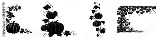 This image depicts a modern clipart illustration design of a pumpkin vine with leaves and curling tendrils in black silhouette