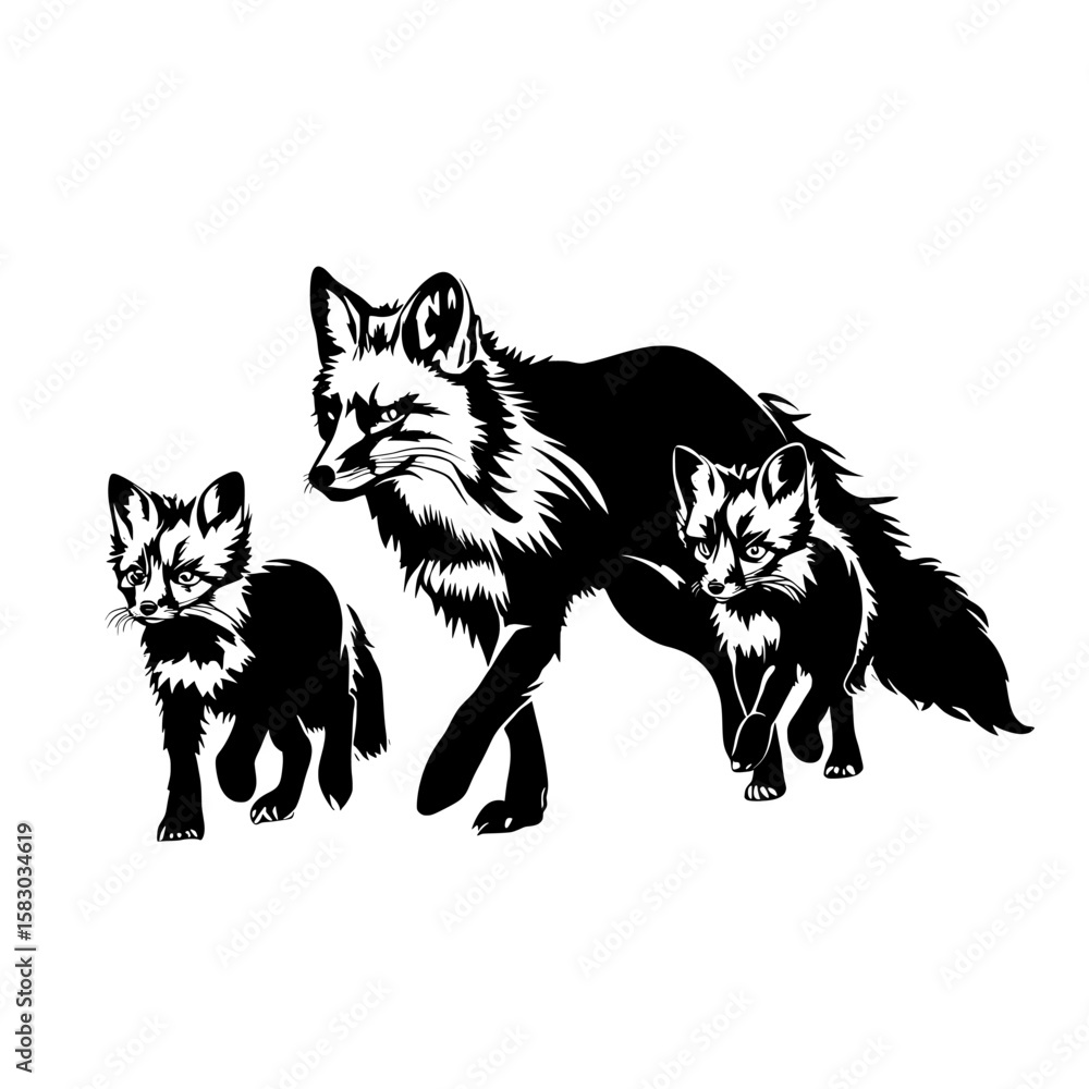 Fototapeta premium Artistic illustration of a monochrome fox family walking forward isolated on a white background
