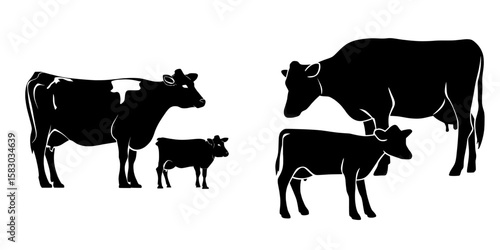 A modern illustration set featuring the silhouette of a cow being eaten, isolated on a white background, is accompanied by a cow with calf silhouette and a modern cow silhouette set