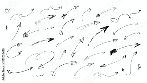 Collection of HandDrawn Arrows on White Background, Various Styles and Directions