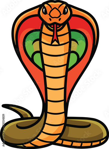 Cartoon cobra stands in striking position. Dangerous reptile with hood spread, illustration, vector art.
