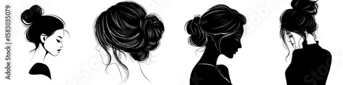 This image features a striking black silhouette of an updo, commonly known as a hair bun or elegant hairstyle, embodying simplicity and style in a modern clipart illustration design