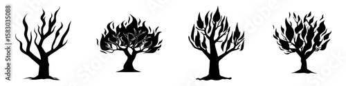A stylized black shape of a tree on fire set against a white backdrop