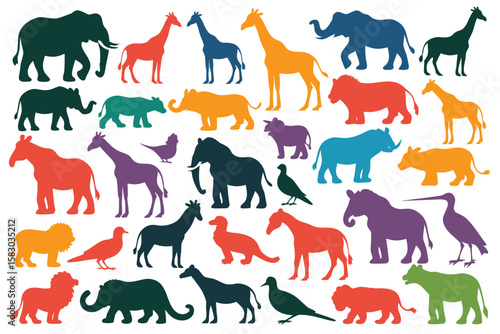 Colorful Silhouette Collection of Wildlife Animals, Featuring Elephants, Giraffes, Lions and Birds on White