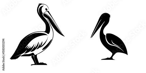 A modern icon set illustration featuring a pelican silhouette drawing isolated on a white background
