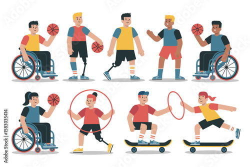 Diverse Athletes Engaging in Sports Wheelchair Basketball, Skateboarding, and Hula Hooping with Prosthetic Limbs Illustration